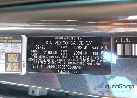 2023 Kia Forte Lx z USA, uszkodzony, nr VIN 3KPF24AD3PE609243